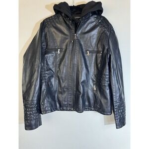 Hooded Faux Leather Jacket, Casual Zipper Long‎ Sleeve Outerwear